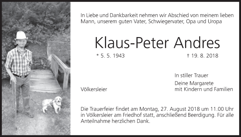  Traueranzeige für Klaus-Peter Andres vom 23.08.2018 aus MGO