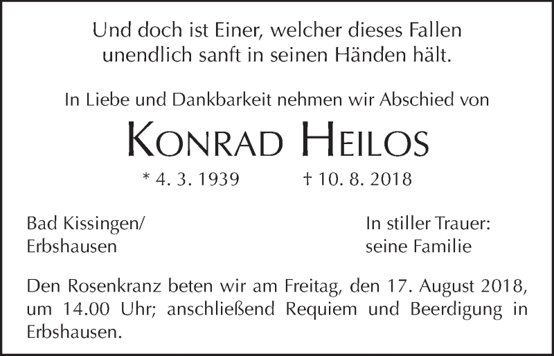  Traueranzeige für Konrad Heilos vom 16.08.2018 aus MGO