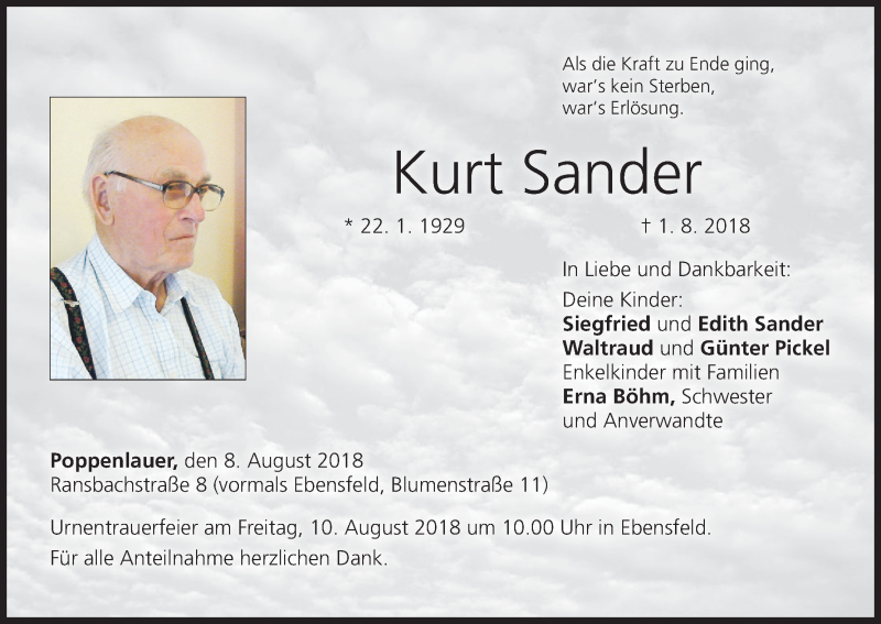  Traueranzeige für Kurt Sander vom 08.08.2018 aus MGO