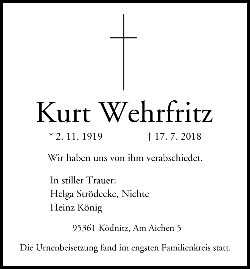  Traueranzeige für Kurt Wehrfritz vom 04.08.2018 aus MGO