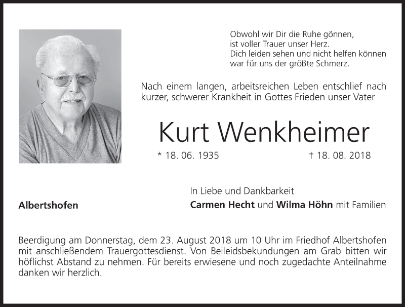  Traueranzeige für Kurt Wenkheimer vom 20.08.2018 aus MGO