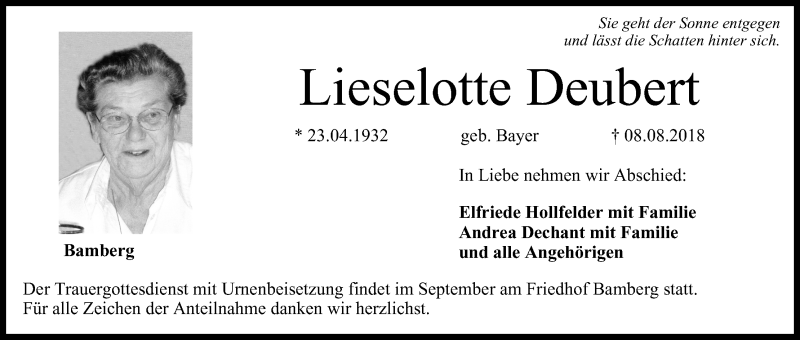  Traueranzeige für Lieselotte Deubert vom 11.08.2018 aus MGO