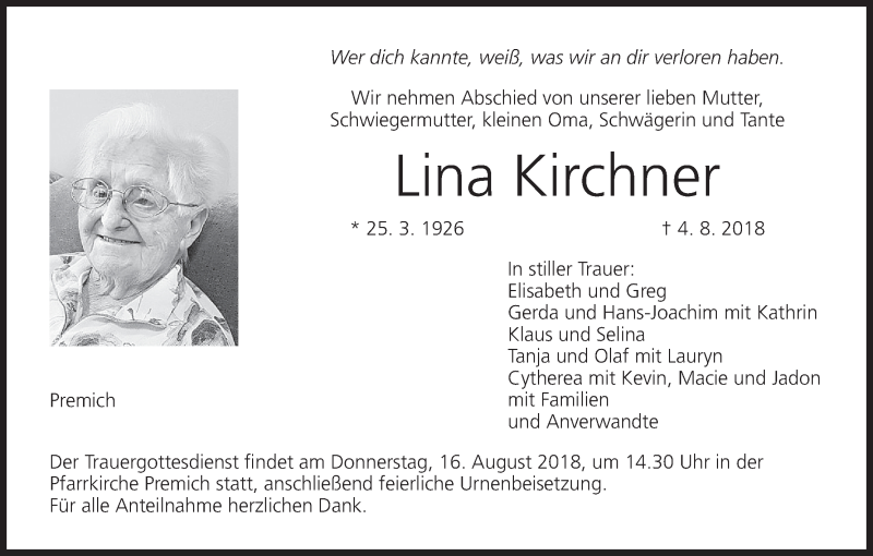  Traueranzeige für Lina Kirchner vom 11.08.2018 aus MGO