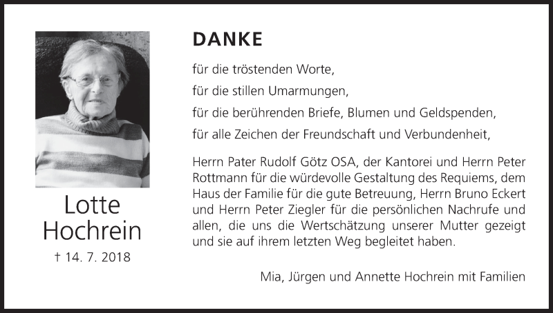  Traueranzeige für Lotte Hochrein vom 18.08.2018 aus MGO