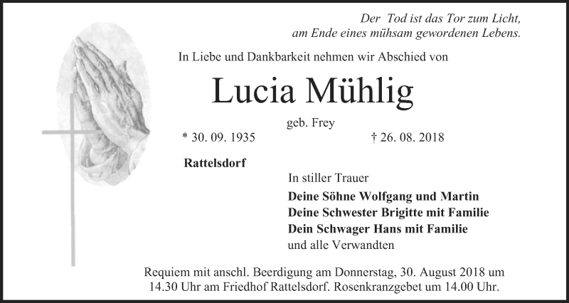  Traueranzeige für Lucia Mühlig vom 28.08.2018 aus MGO