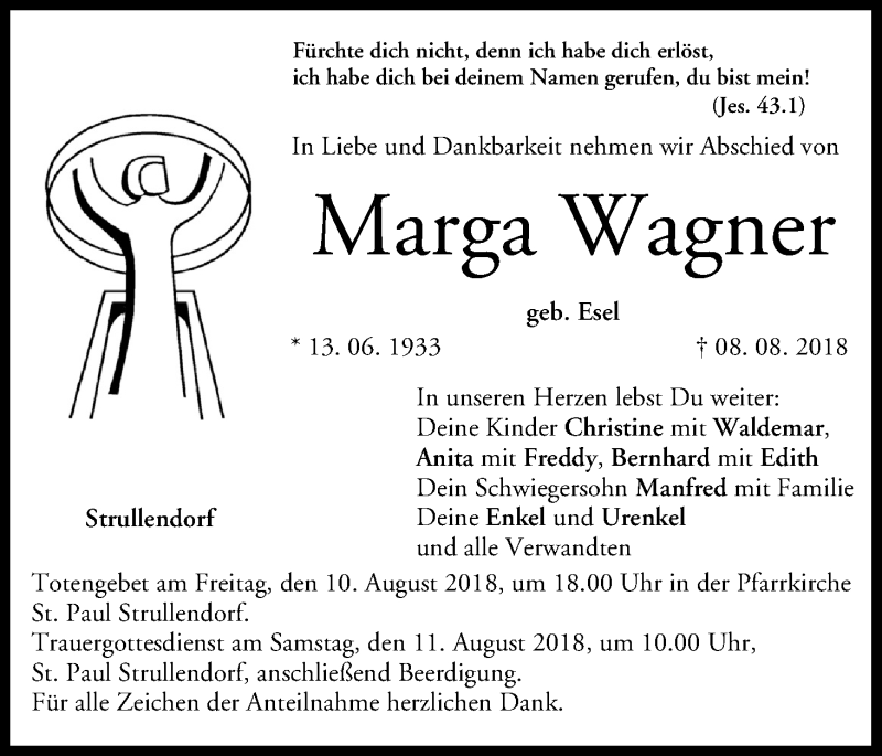  Traueranzeige für Marga Wagner vom 09.08.2018 aus MGO
