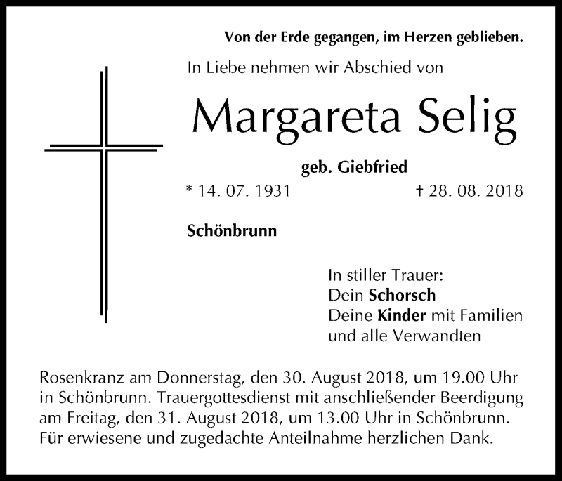  Traueranzeige für Margareta Selig vom 29.08.2018 aus MGO