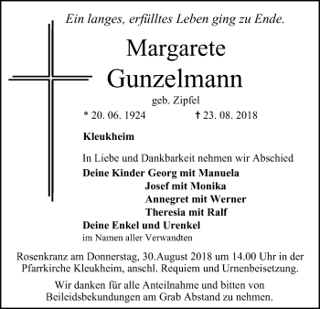 Anzeige von Margarete Gunzelmann von MGO