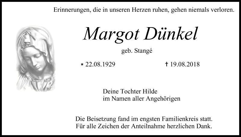  Traueranzeige für Margot Dünkel vom 30.08.2018 aus MGO
