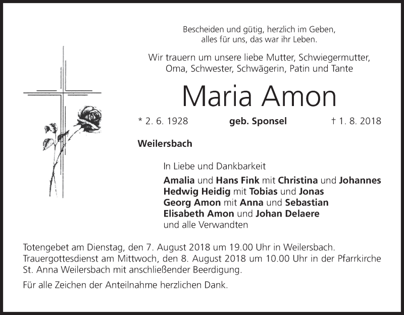  Traueranzeige für Maria Amon vom 06.08.2018 aus MGO