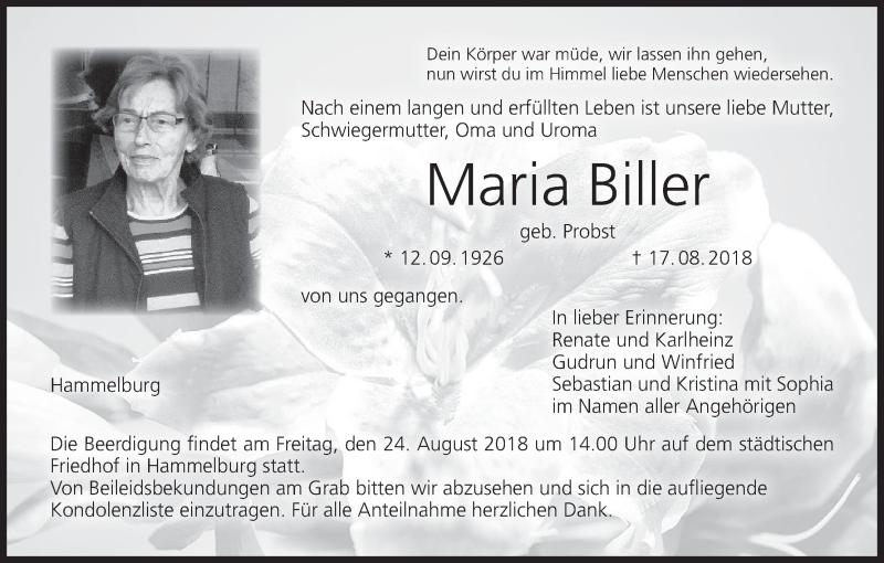  Traueranzeige für Maria Biller vom 21.08.2018 aus MGO