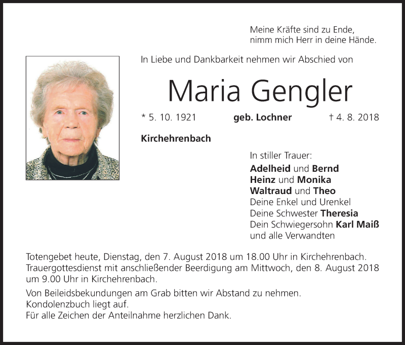  Traueranzeige für Maria Gengler vom 07.08.2018 aus MGO