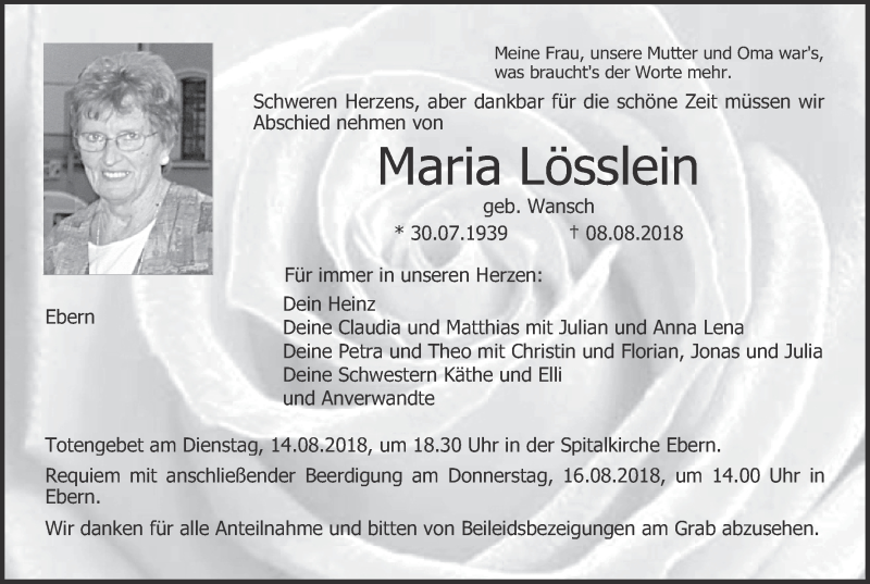  Traueranzeige für Maria Lösslein vom 11.08.2018 aus MGO
