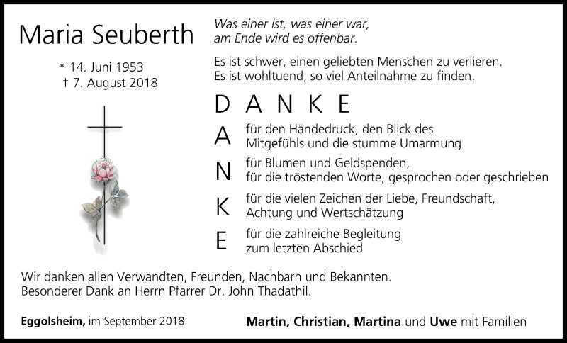  Traueranzeige für Maria Seuberth vom 01.09.2018 aus MGO