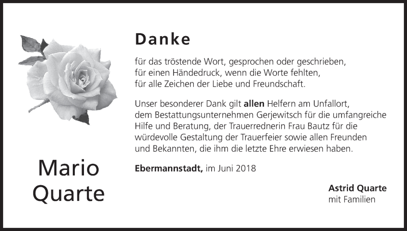  Traueranzeige für Mario Quarte vom 04.08.2018 aus MGO