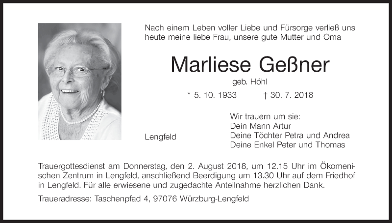  Traueranzeige für Marliese Geßner vom 01.08.2018 aus MGO