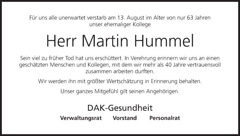  Traueranzeige für Martin Hummel vom 27.08.2018 aus MGO