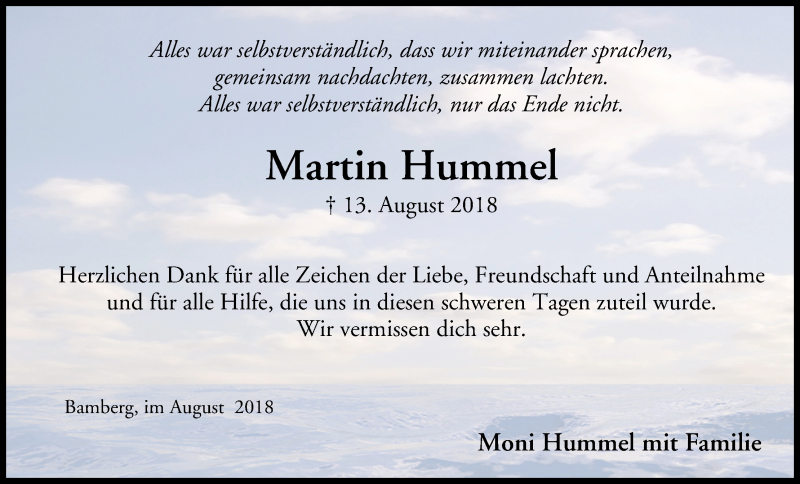 Traueranzeige für Martin Hummel vom 01.09.2018 aus MGO