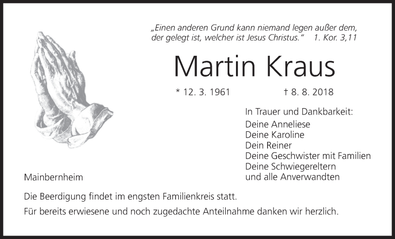  Traueranzeige für Martin Kraus vom 11.08.2018 aus MGO