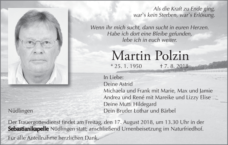  Traueranzeige für Martin Polzin vom 11.08.2018 aus MGO