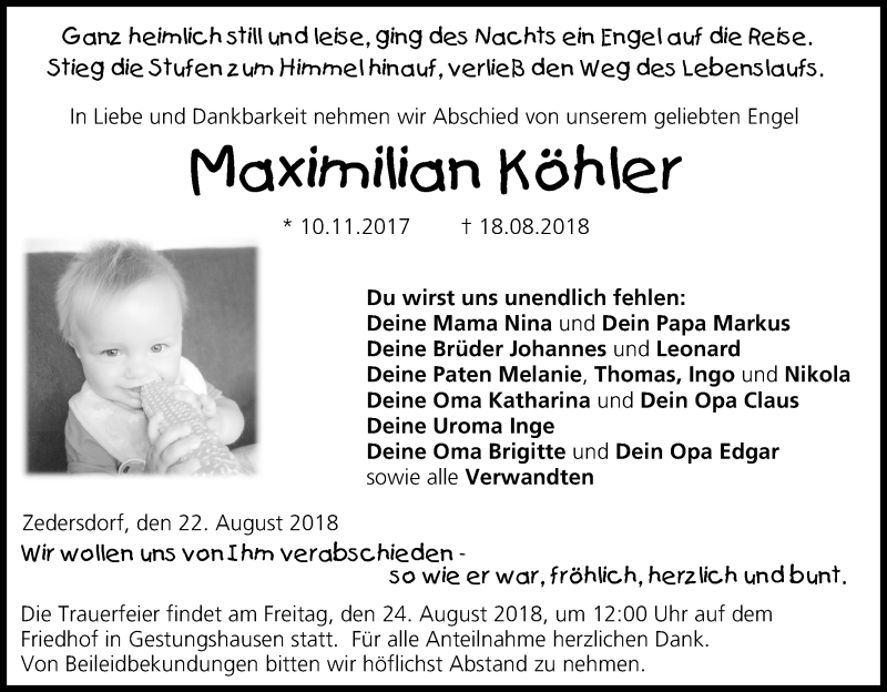  Traueranzeige für Maximilian Köhler vom 22.08.2018 aus MGO