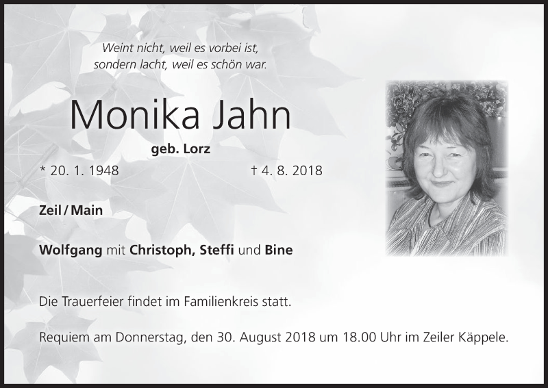  Traueranzeige für Monika Jahn vom 11.08.2018 aus MGO