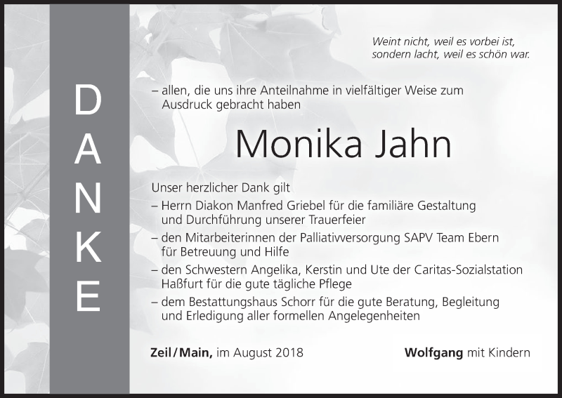  Traueranzeige für Monika Jahn vom 18.08.2018 aus MGO