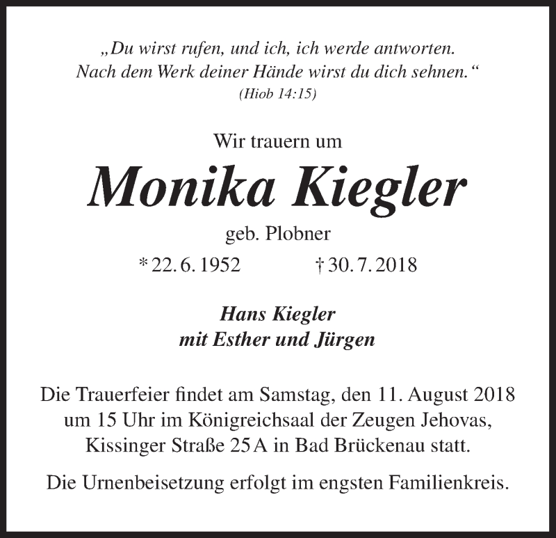  Traueranzeige für Monika Kiegler vom 11.08.2018 aus MGO