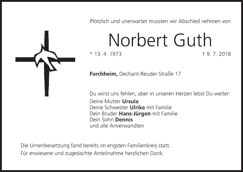  Traueranzeige für Norbert Guth vom 02.08.2018 aus MGO