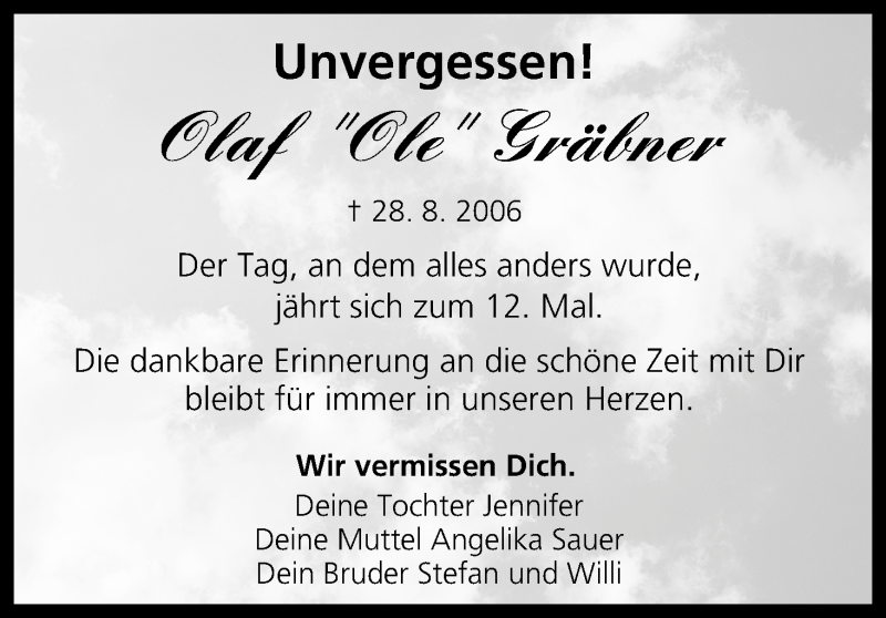  Traueranzeige für Olaf Gräbner vom 28.08.2018 aus MGO