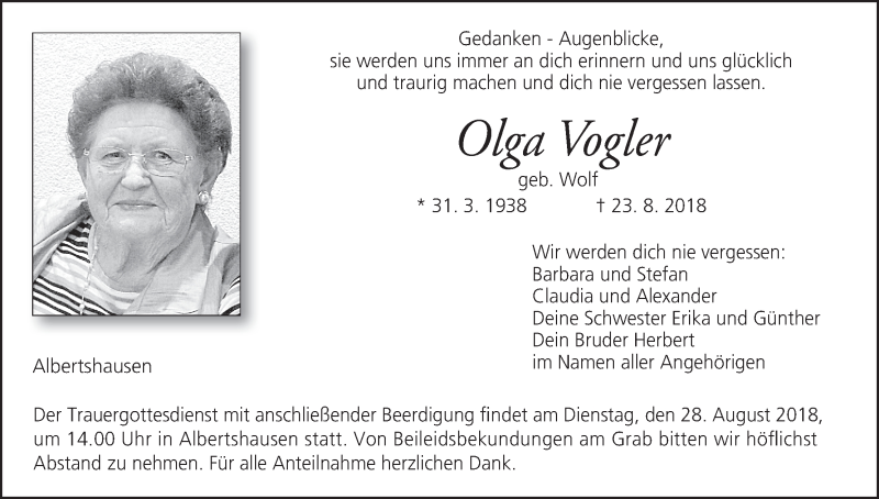  Traueranzeige für Olga Vogler vom 25.08.2018 aus MGO