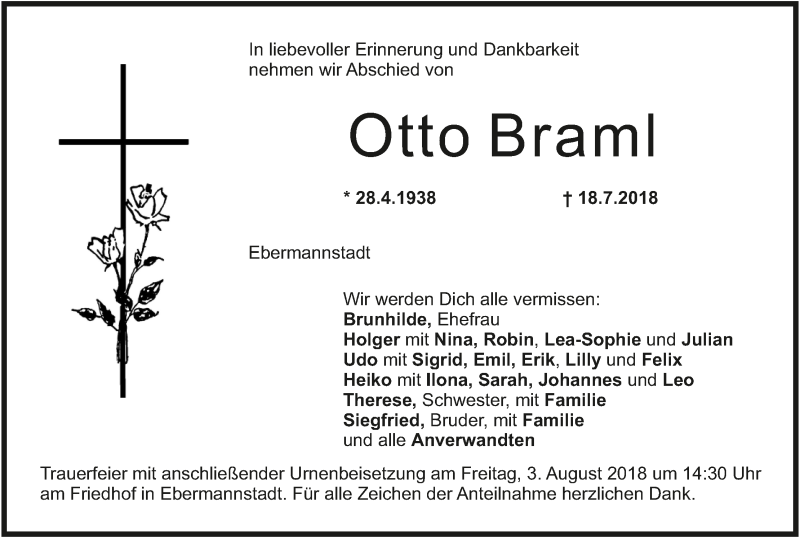  Traueranzeige für Otto Braml vom 02.08.2018 aus MGO