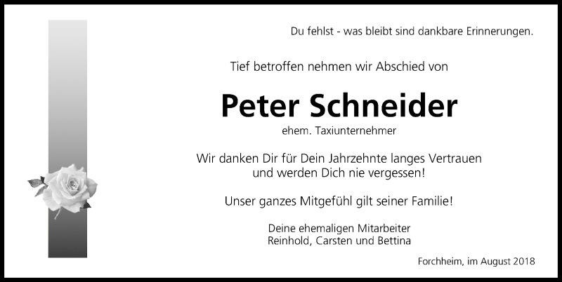  Traueranzeige für Peter Schneider vom 11.08.2018 aus MGO