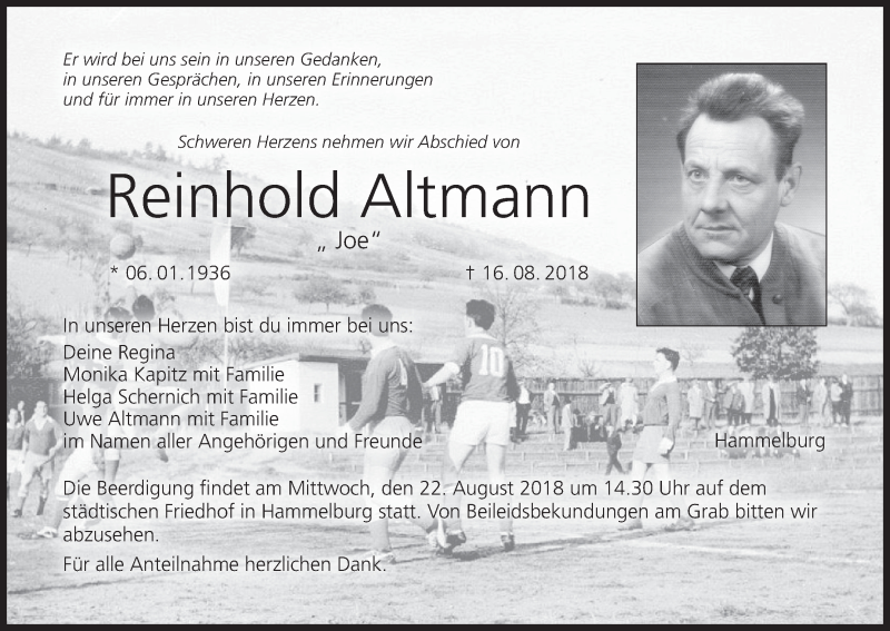  Traueranzeige für Reinhold Altmann vom 18.08.2018 aus MGO