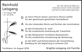 Anzeige von Reinhold Leisgang von MGO