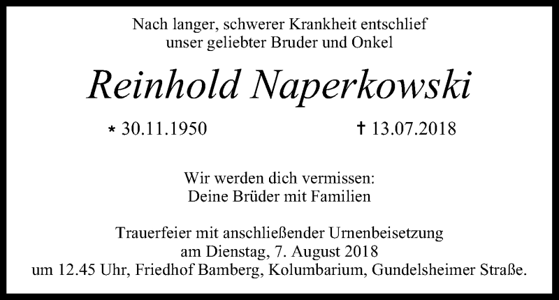  Traueranzeige für Reinhold Naperkowski vom 04.08.2018 aus MGO