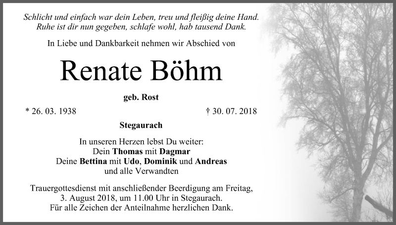  Traueranzeige für Renate Böhm vom 01.08.2018 aus MGO