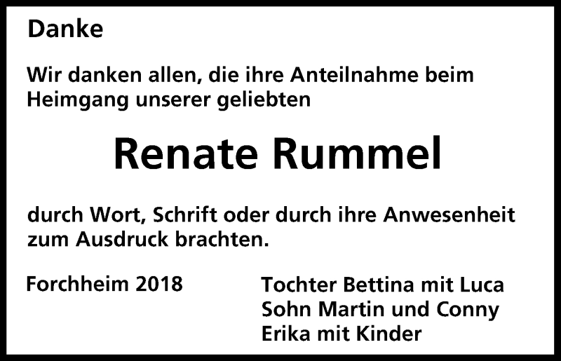  Traueranzeige für Renate Rummel vom 08.08.2018 aus MGO