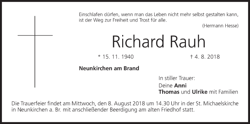 Traueranzeige für Richard Rauh vom 06.08.2018 aus MGO