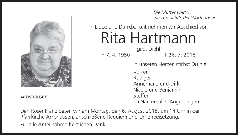  Traueranzeige für Rita Hartmann vom 02.08.2018 aus MGO