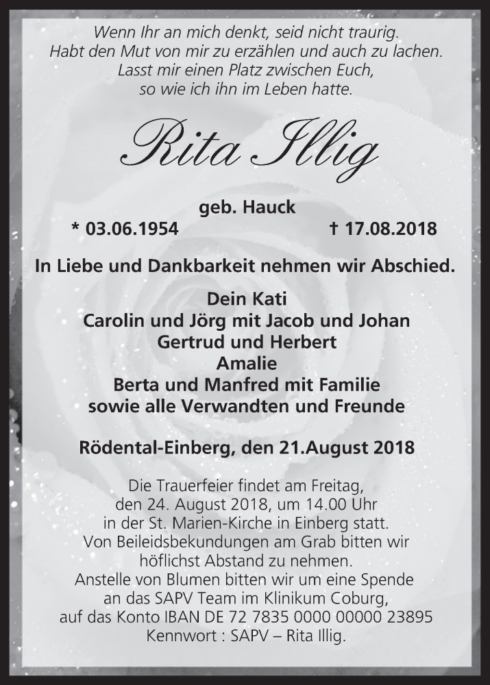  Traueranzeige für Rita Illig vom 21.08.2018 aus MGO