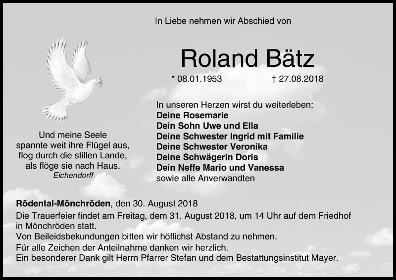 Traueranzeige für Roland Bätz vom 30.08.2018 aus MGO