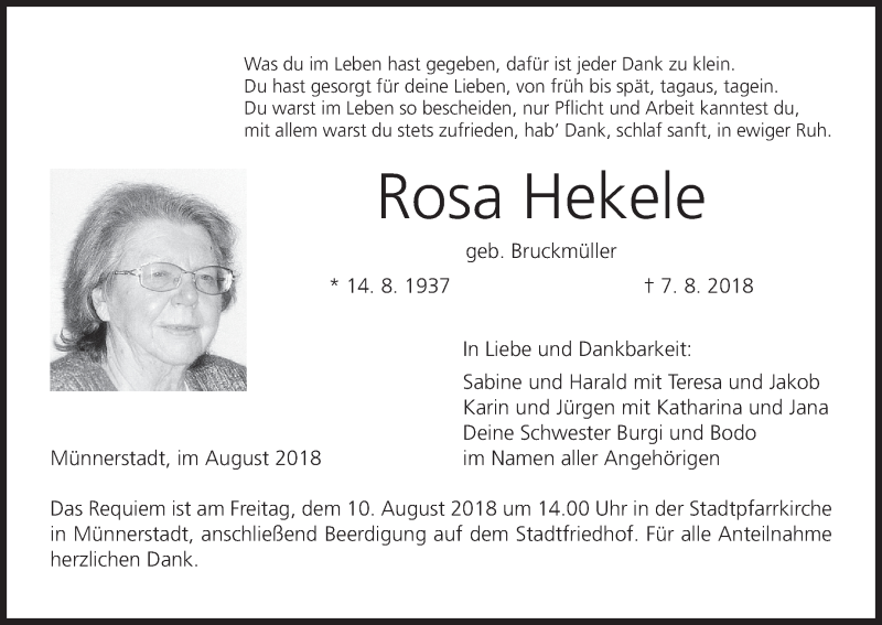  Traueranzeige für Rosa Hekele vom 09.08.2018 aus MGO