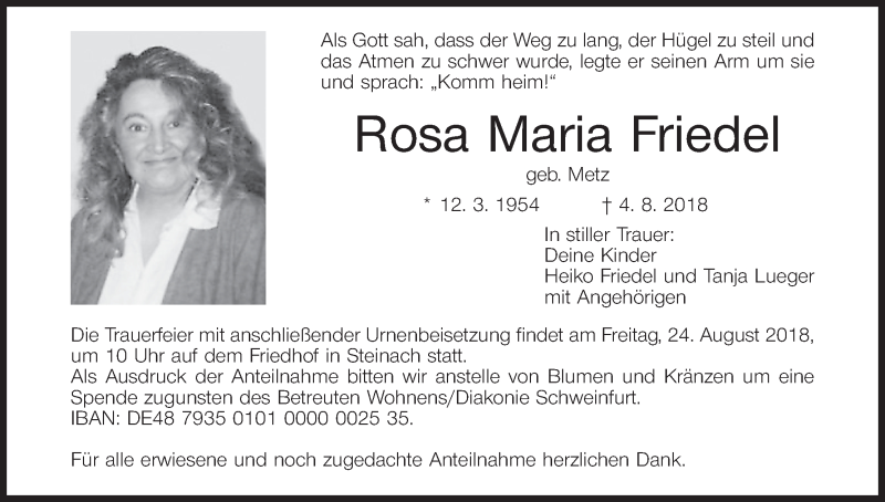  Traueranzeige für Rosa Maria Friedel vom 20.08.2018 aus MGO