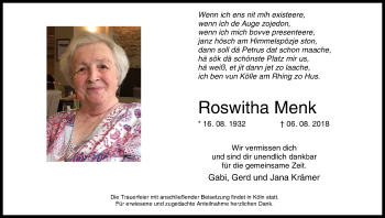 Anzeige von Roswitha Menk von MGO