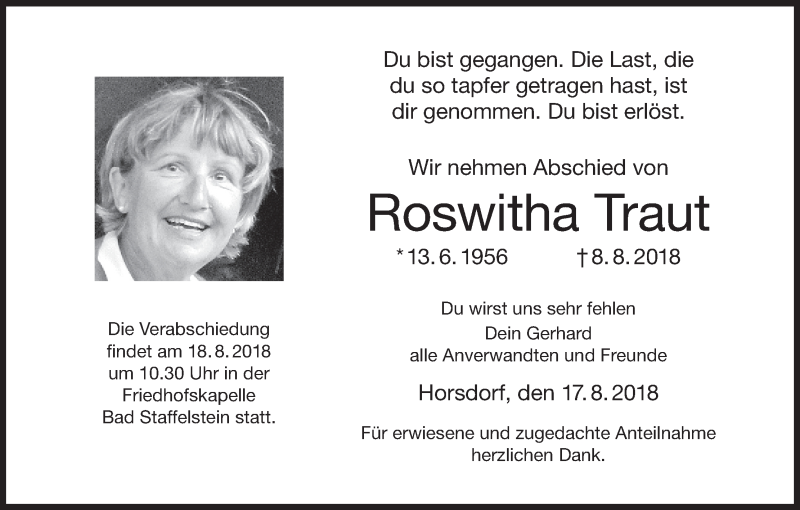  Traueranzeige für Roswitha Traut vom 17.08.2018 aus MGO