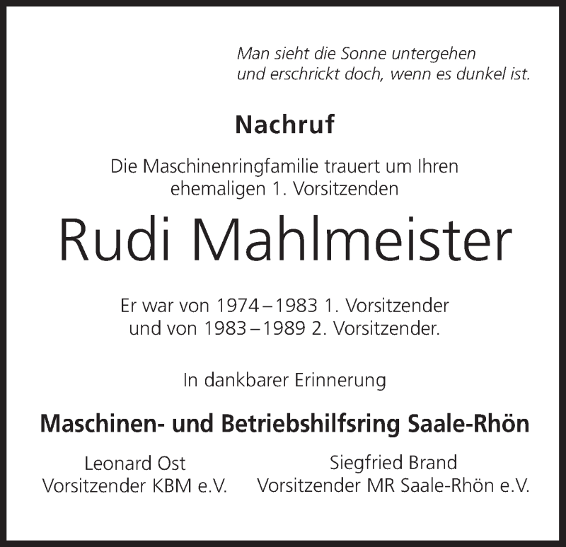  Traueranzeige für Rudi Mahlmeister vom 30.08.2018 aus MGO