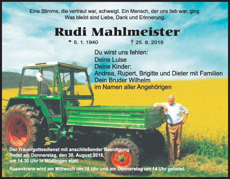  Traueranzeige für Rudi Mahlmeister vom 28.08.2018 aus MGO