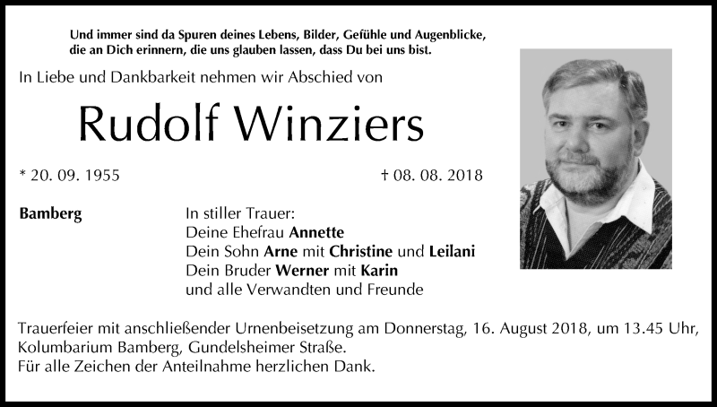  Traueranzeige für Rudolf Winziers vom 11.08.2018 aus MGO