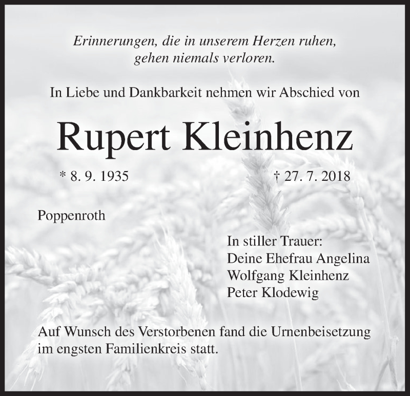  Traueranzeige für Rupert Kleinhenz vom 07.08.2018 aus MGO